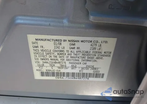 2008 Nissan Altima 2.5 S from USA, damaged, VIN 1N4AL21EX8N487276